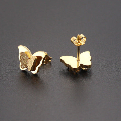 Charming Dual Butterfly Stainless Steel Rhinestone Stud Earrings for Baby Girls, Girls and Women