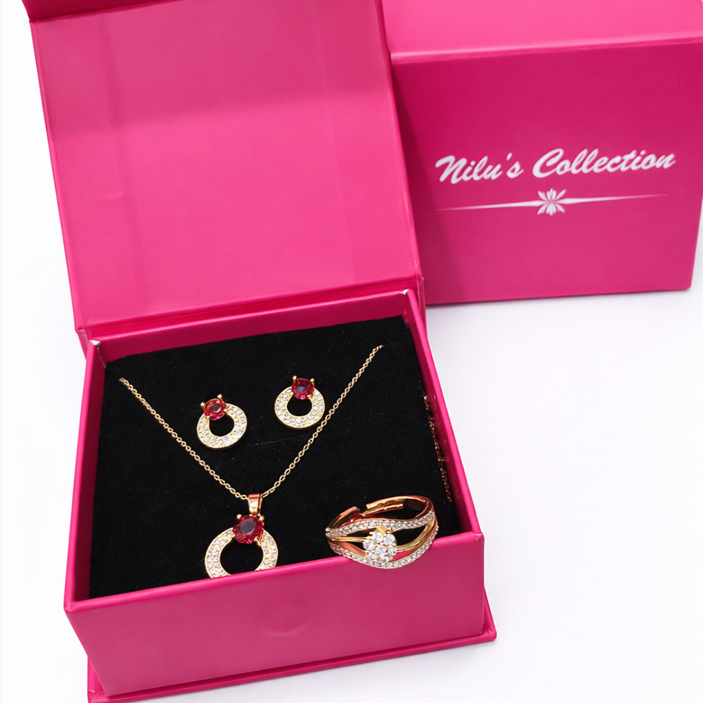 Gift Rose Gold Plated Necklace Set With Adjustable Ring For Women And Girls