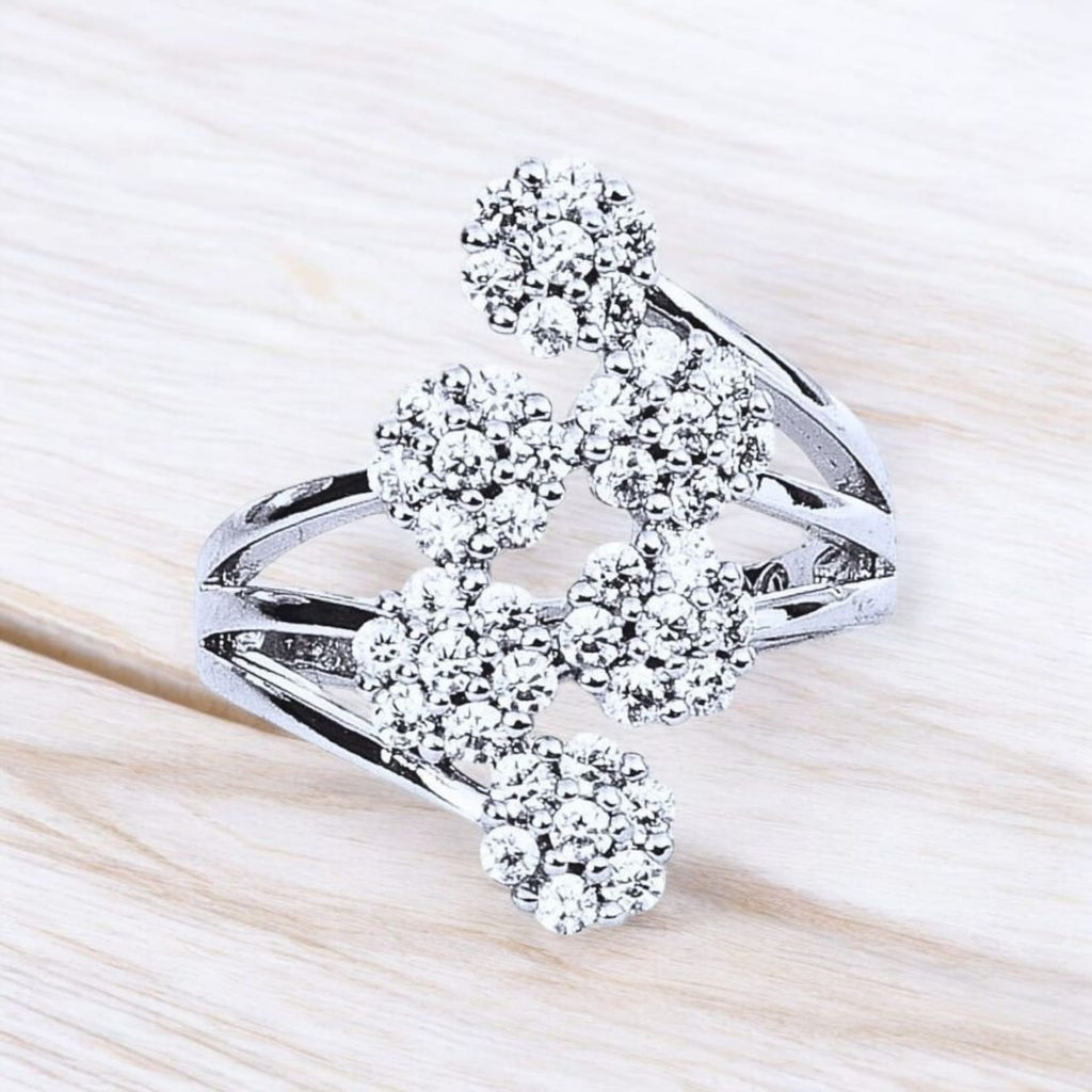 Sliver Plated Elegant American Diamond Studded Sparkling Adjustable Finger Ring for Women and Girls