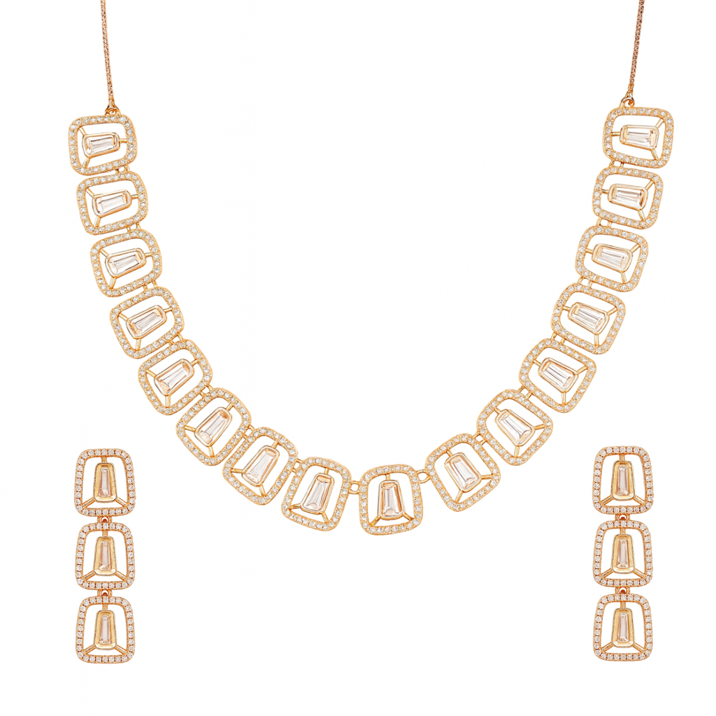 Nilu’s Collection Rose Gold Plated American Diamond Necklace & Earrings Set For Women | Anti-Tranish | Minimal Jewelry | Ideal for Gifting