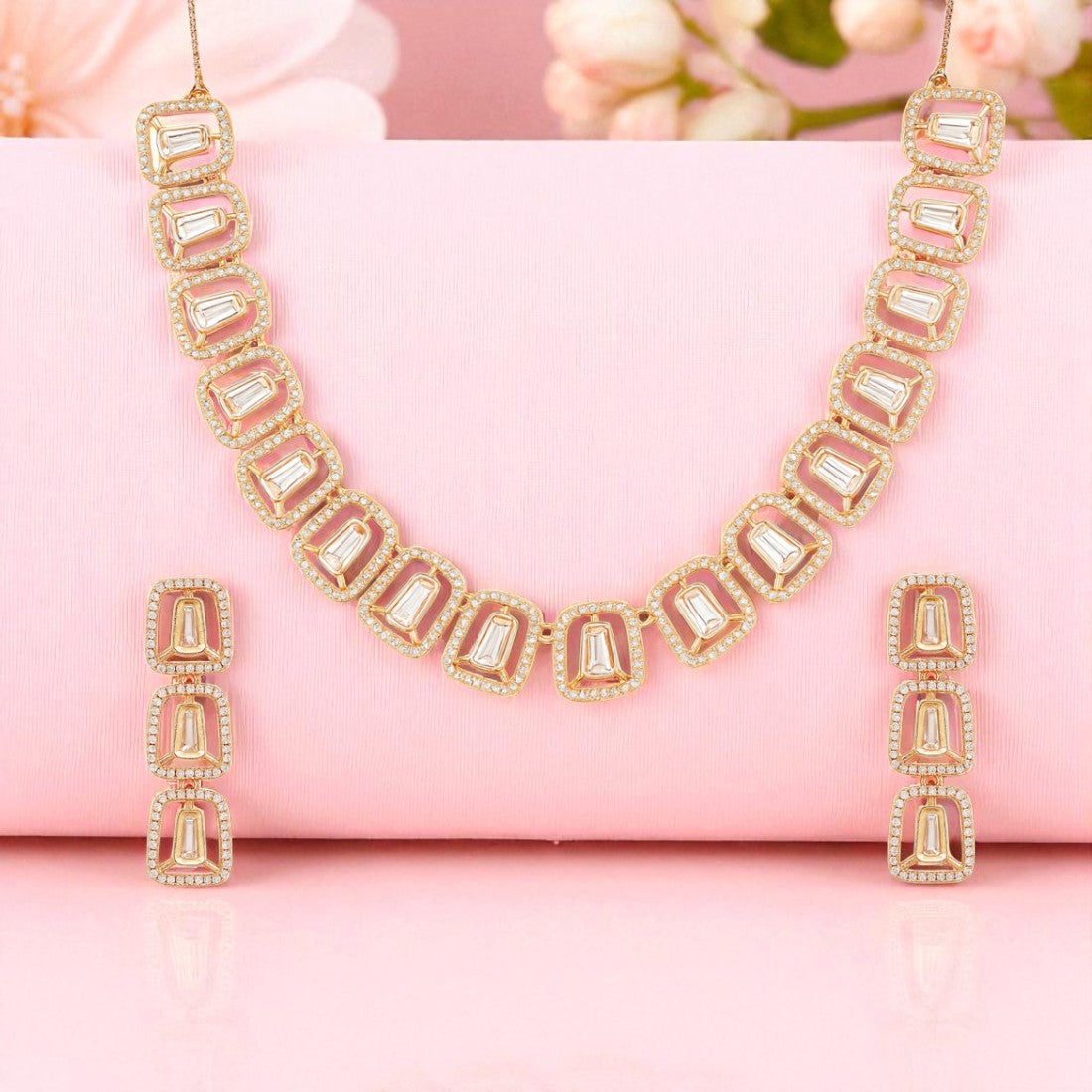 Nilu’s Collection Rose Gold Plated American Diamond Necklace & Earrings Set For Women | Anti-Tranish | Minimal Jewelry | Ideal for Gifting