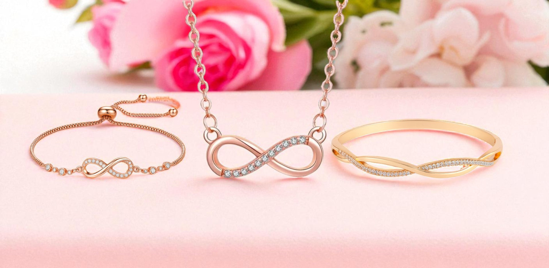 Nilu's Collection Rose Gold Plated Infinity Jewelry Set  Bracelet, Necklace & Kada with American Diamond  For Women And Girls