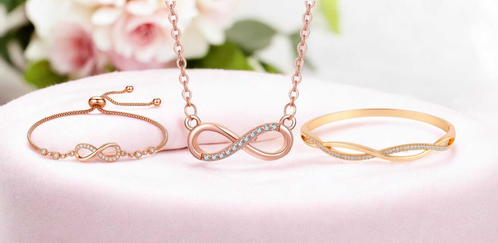 Nilu's Collection Rose Gold Plated Infinity Jewelry Set  Bracelet, Necklace & Kada with American Diamond  For Women And Girls