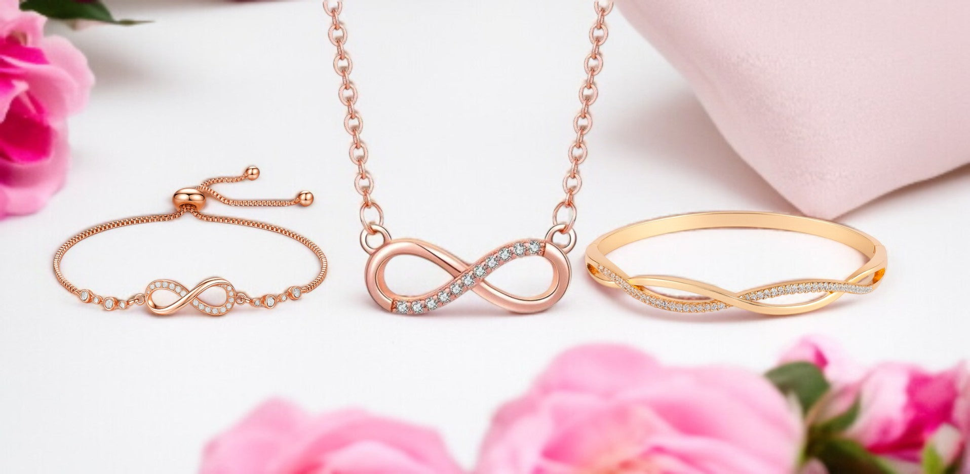 Nilu's Collection Rose Gold Plated Infinity Jewelry Set  Bracelet, Necklace & Kada with American Diamond  For Women And Girls