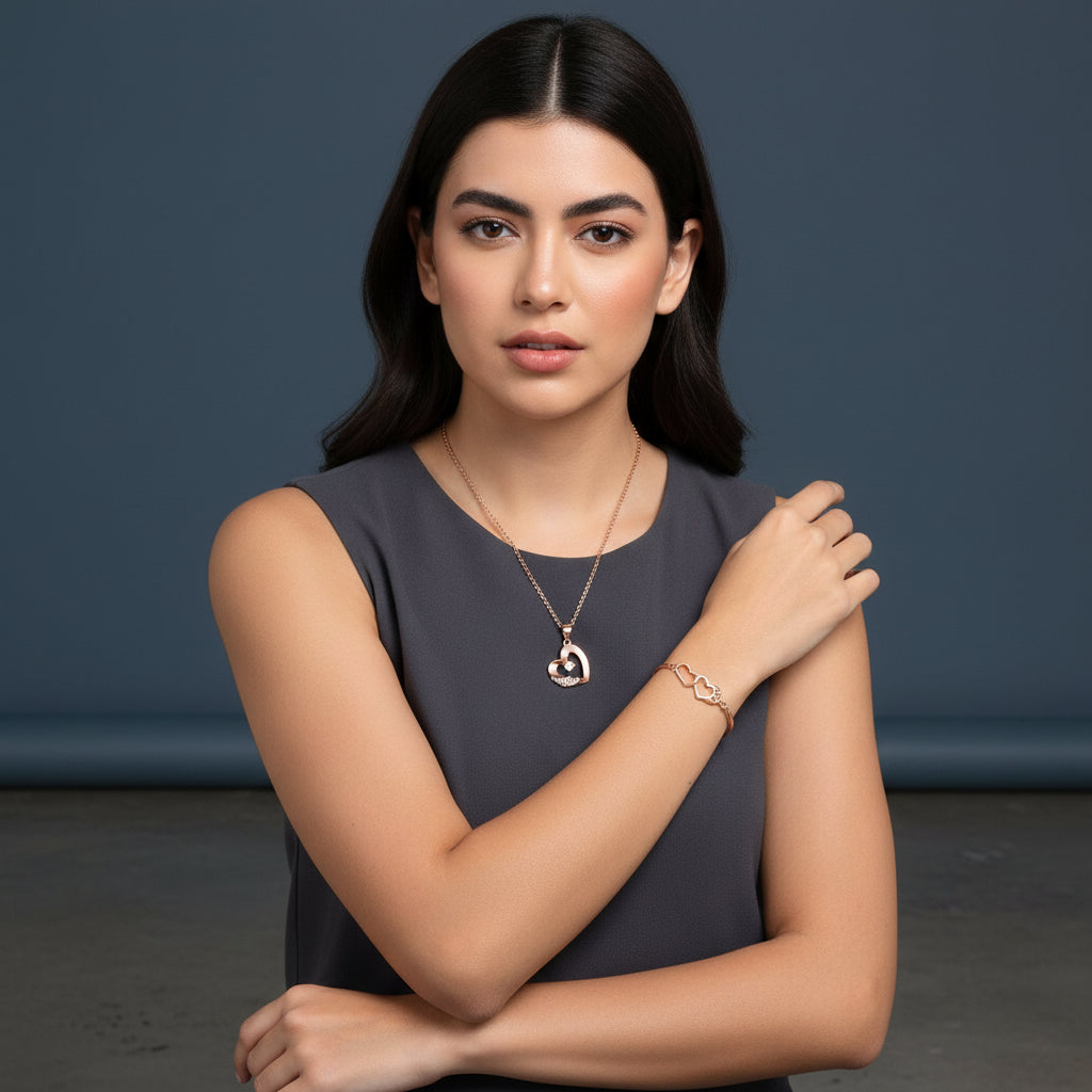 Gift Rose Gold Plated Heart Shape Pendant With Bracelet For Women And Girls