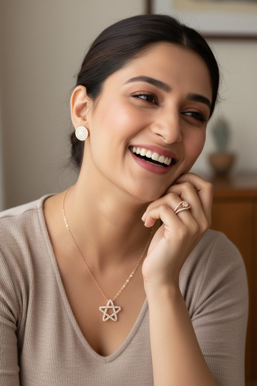 Nilus Collection Rose Gold Jewellery Set Elegant Necklace, Stud Earrings & Ring for Women And Girls
