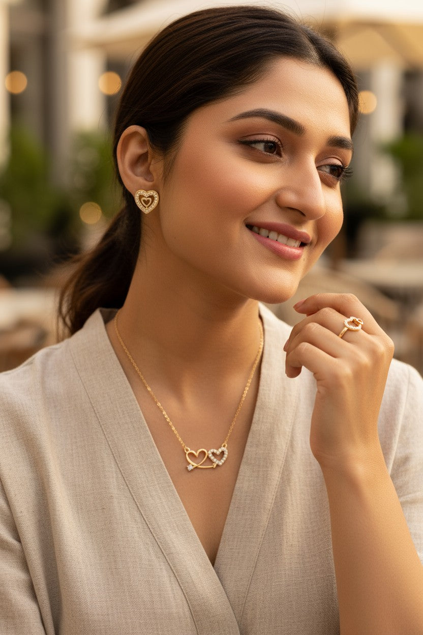 Nilu's Collection Rose Gold Platedc Heart Jewellery Set For Women And Girls | Pendant | Earrings | Ring