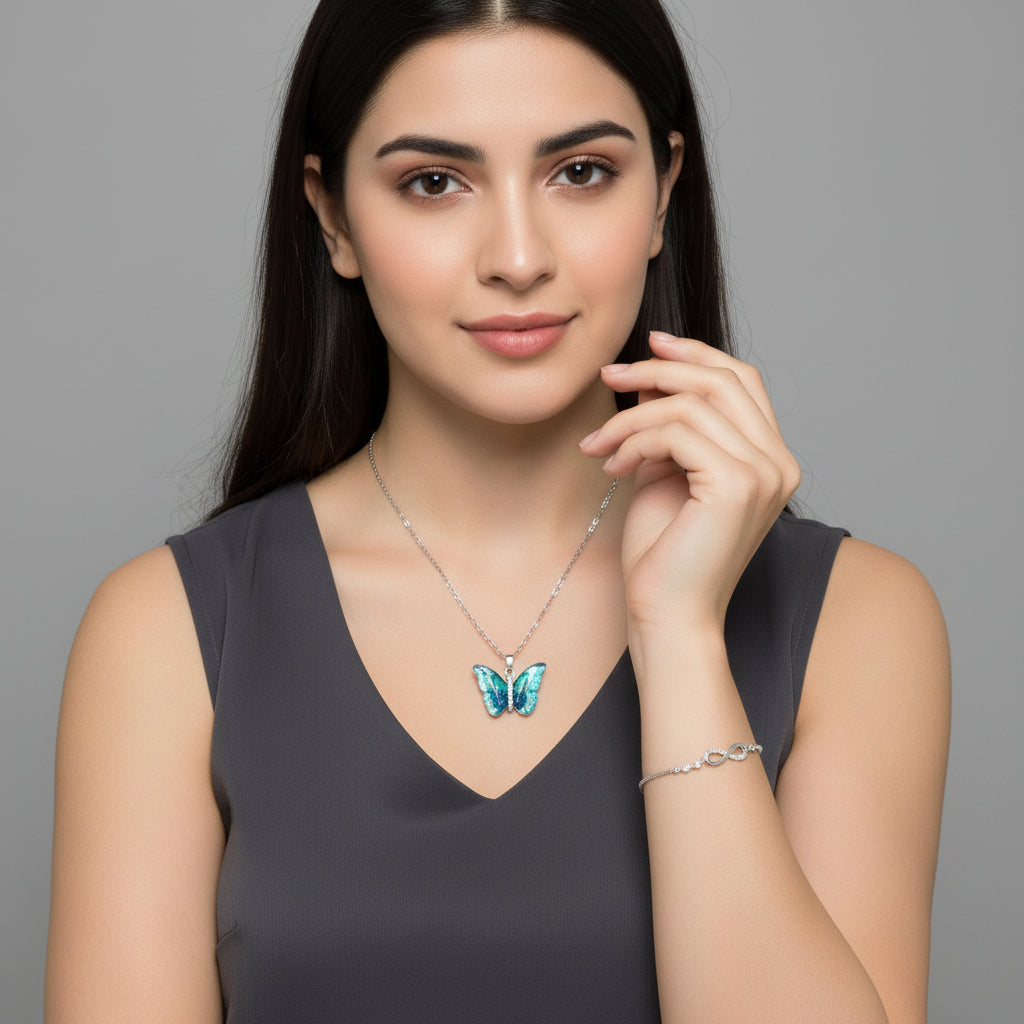 Combo of Butterfly Pendant Necklace and Infinity Bracelet for Women & Girls | Neck Chain | Locket | Modern Design | Fancy & Stylish Accessories for Everyday Wear (Silver)