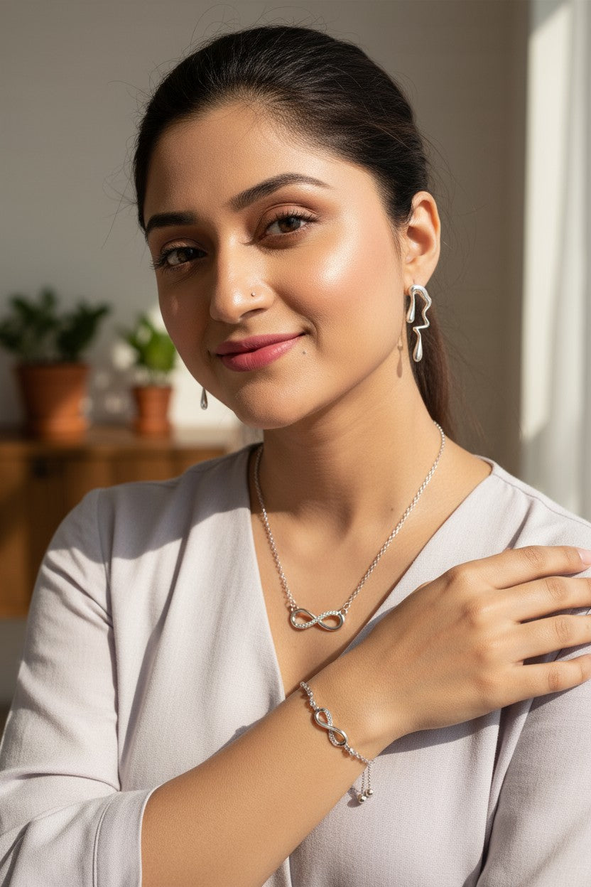 Nilu's Collection Silver Infinity Jewellery Set Necklace, Bracelet & Earrings for Women & Girls