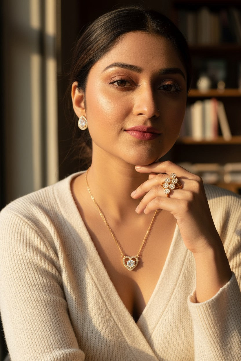 Nilu's Collection Rose Gold Plated American Diamond With pendant ,earrings And Adjustable Finger Ring For Women And Girls
