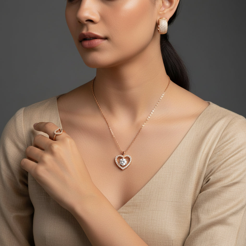 Nilu's CollectionRose Gold Plated Heart Pendant Necklace with Ring and Earrings