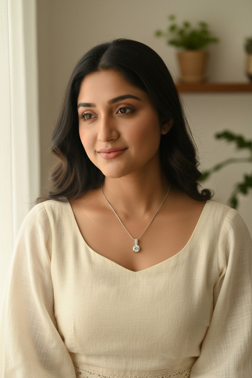 Nilu's Collection Silver Plated Round Solitaire Pendant With Chain & AD Stone | Stylish Delicate Cubic Zircon Pendant with Chain for Women