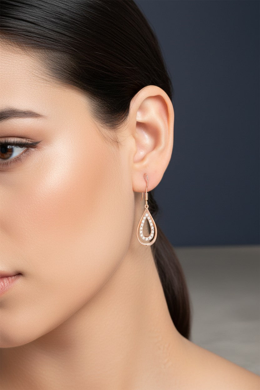 Nilu's Collection Rose Gold Drop Earrings With American Diamond For Women And Girls