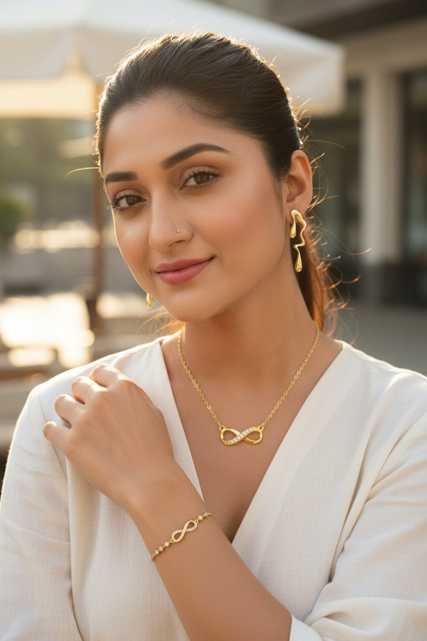 Gold Plated Infinity Jewelry Set as Bracelet, Necklace & Earrings with American Diamond For Women And Girls