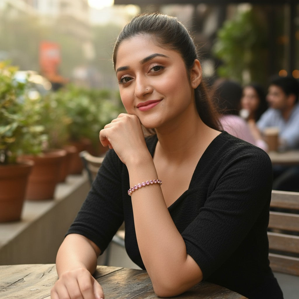 Nilu's Collection Rose Gold Plated Adjustable Bracelet With  American Diamond For Women & Girls | Anti- Tarnish | Anti- Allergy |Daily Wear ( Light Pink )