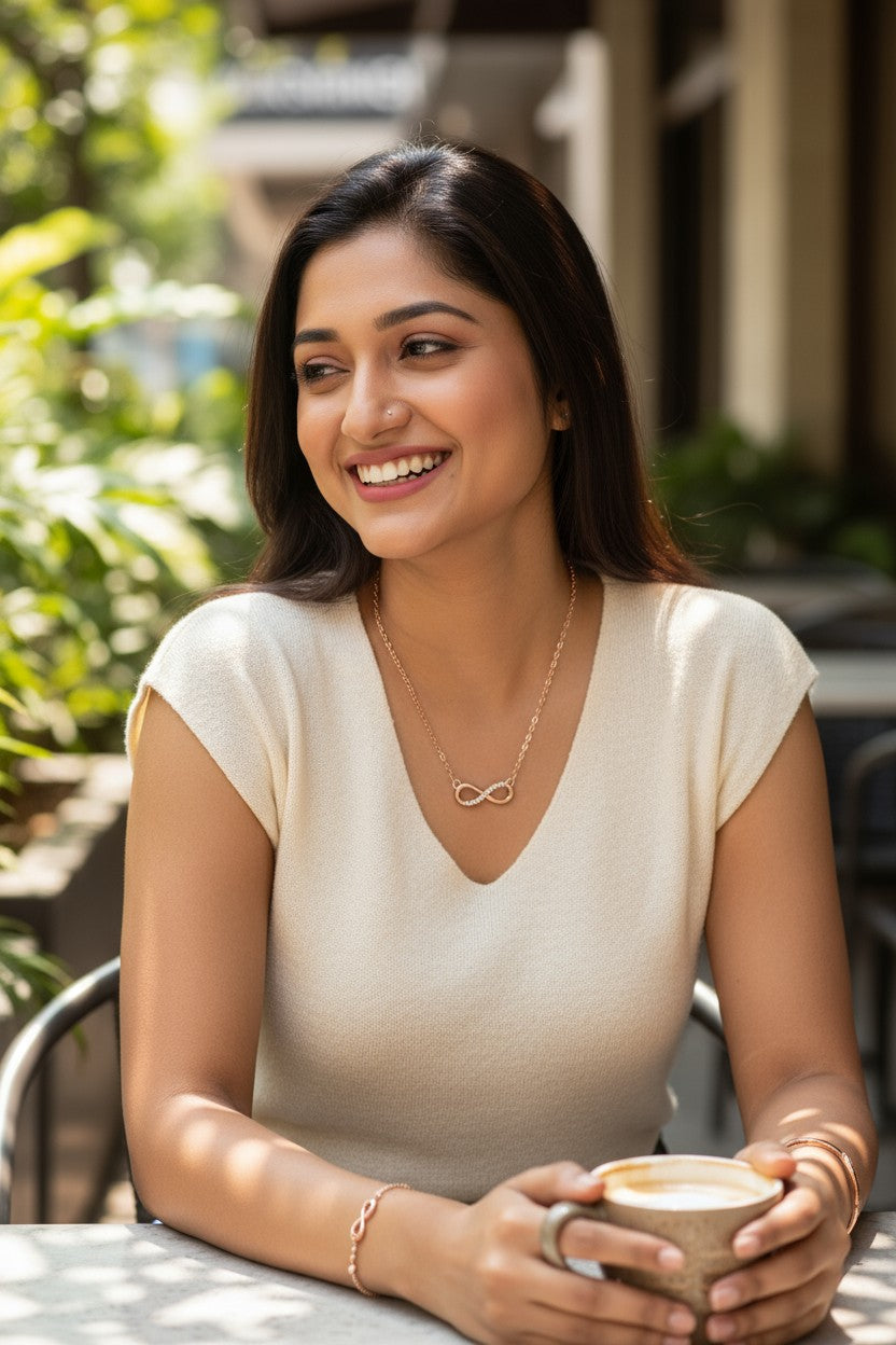 Nilu's Collection Rose Gold Plated Infinity Jewelry Set  Bracelet, Necklace & Kada with American Diamond  For Women And Girls