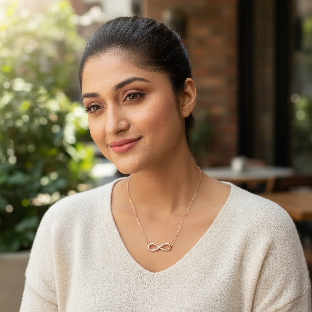Nilu's Collection Rose Gold Plated Infinity Pendant Necklace with American Diamond Stones For Women & Girls | Lightweight| Anti-Tarnish | Anti- Tarnish | Office Wear