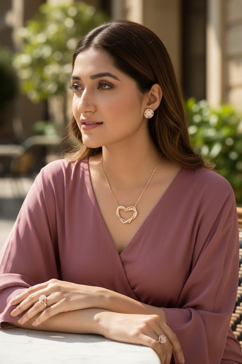 Nilu's Collection Rose Gold Jewellery Set  Elegant Necklace, Earrings & Ring for Women & Girls