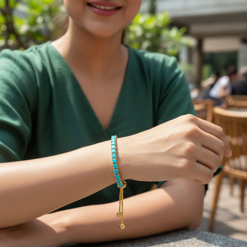 Nilu's Collection Rose Gold Plated Bracelet With American Diamond For Women And Girls (Aqua Colour)