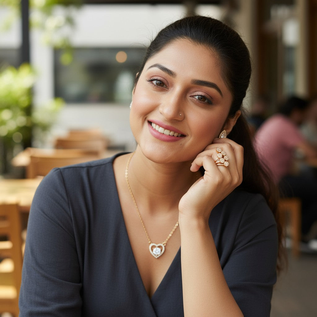 Nilu's Collection Rose Gold Plated American Diamond With pendant ,earrings And Adjustable Finger Ring For Women And Girls