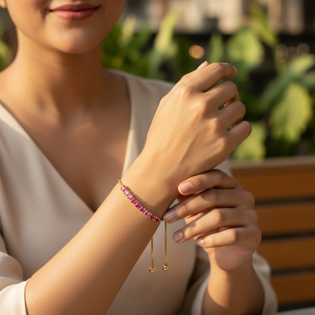 Nilu's Collection Rose Gold Plated Bracelet With Adjustable Slider Chain for Women & Girls( Pink)