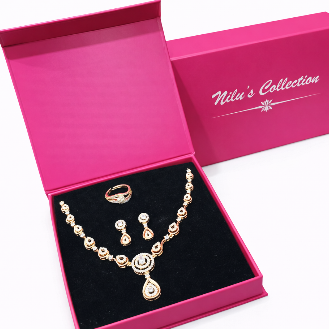 Gift Rose Gold Plated Necklace Set With Adjustable Finger Ring For Women And Girls