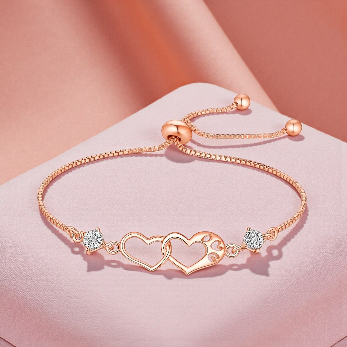 Double Heart Shape Cubic Zirconia Charm Bracelet, Love Bracelet for Women and Girls (Rose Gold)