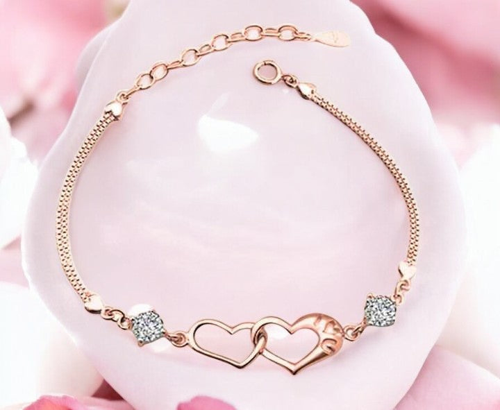 Double Heart Shape Cubic Zirconia Charm Bracelet, Love Bracelet for Women and Girls (Rose Gold)