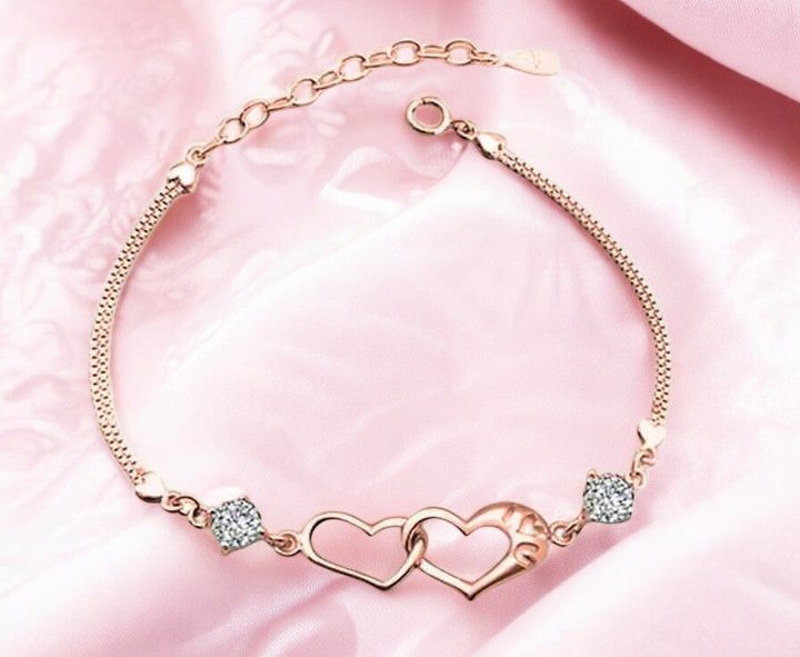 Double Heart Shape Cubic Zirconia Charm Bracelet, Love Bracelet for Women and Girls (Rose Gold)