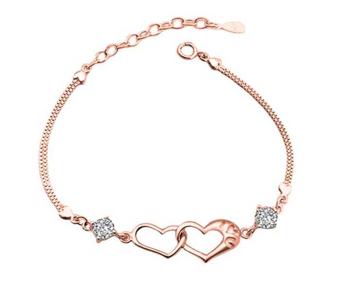 Double Heart Shape Cubic Zirconia Charm Bracelet, Love Bracelet for Women and Girls (Rose Gold)