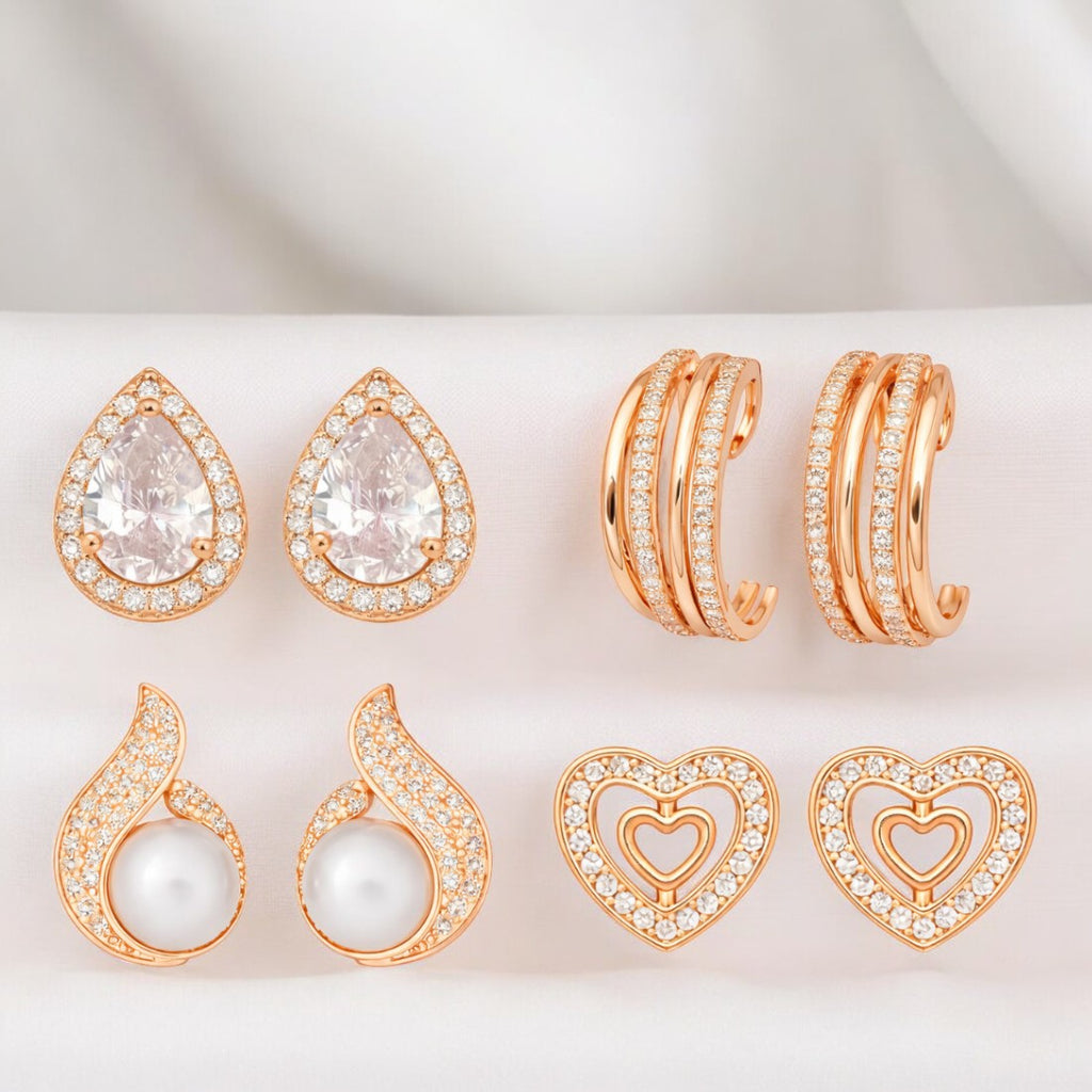 Nilu's Collection Rose Gold Plated Stud Earrings Set For Women And Girls