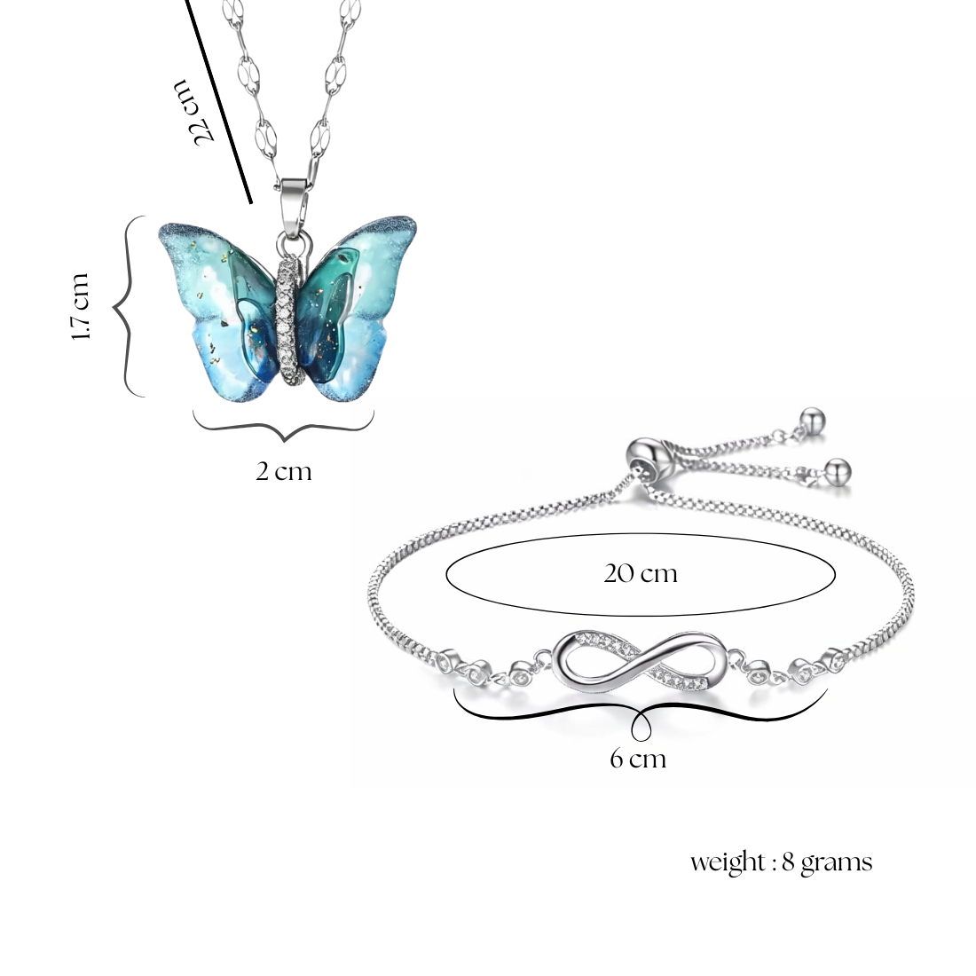 Combo of Butterfly Pendant Necklace and Infinity Bracelet for Women & Girls | Neck Chain | Locket | Modern Design | Fancy & Stylish Accessories for Everyday Wear (Silver)