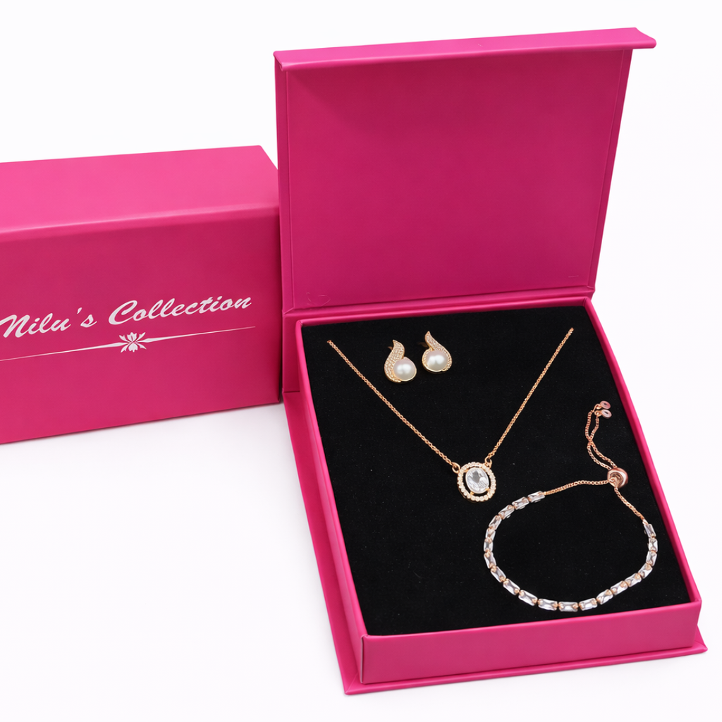 Gift Rose Gold Plated Pendant With Earrings And Adjustable Bracelet For Women And Girls