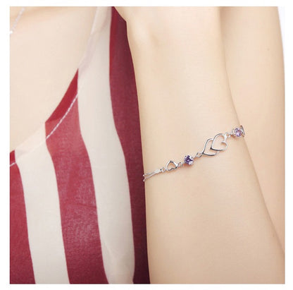 Double Heart Shape Silver Plated CZ Crystal Bracelet for Women & Girls