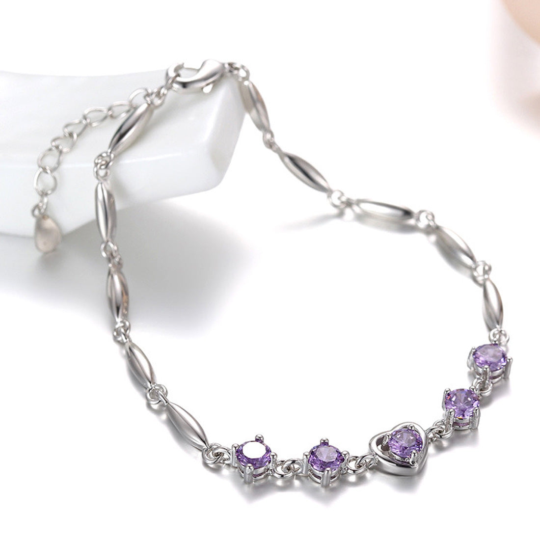 Fashion lovely Heart Silver Plated Valentine Gift Crystal Bracelet (Purple)