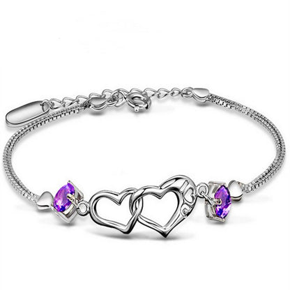 Sterling Silver Double Heart Shape Cubic Zirconia Charm Bracelet, Love Bracelet for Women and Girls