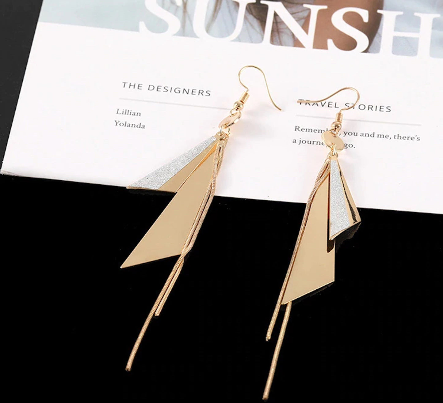 Gold Plated Geometric Triangle Long Tassel Drop Earrings for Women and Girls, Copper Triangular Drop Golden Danglers with Metal Chain