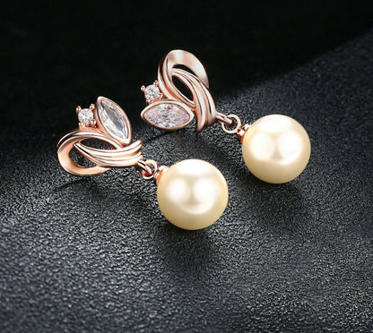 Simulated Pearl Drop Earrings for Women, Cubic Zirconia Pearl Beads Earring, Rose Gold and Silver