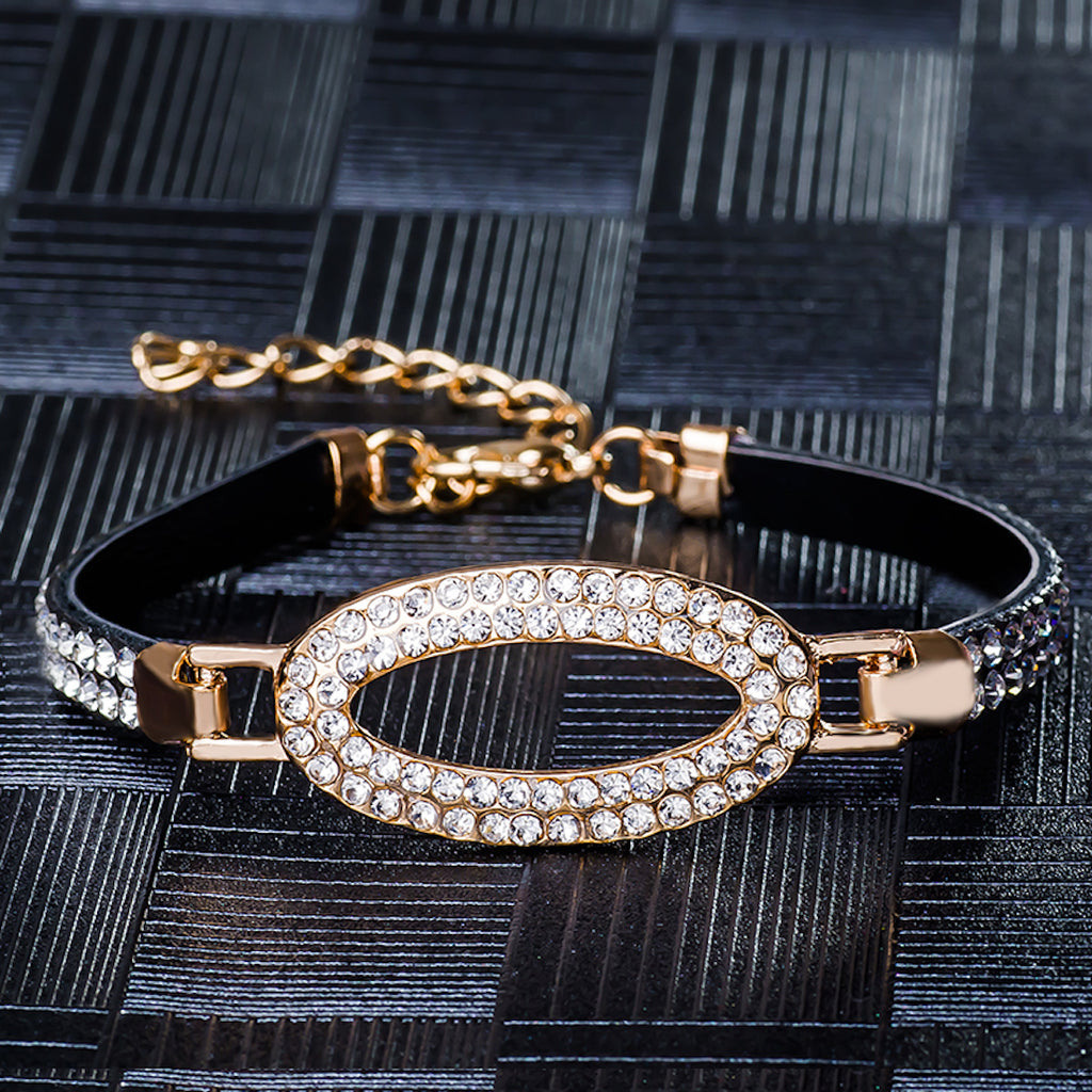 Shiny CZ Stone Women Chain Link Leather Bracelet | Wedding Jewelry