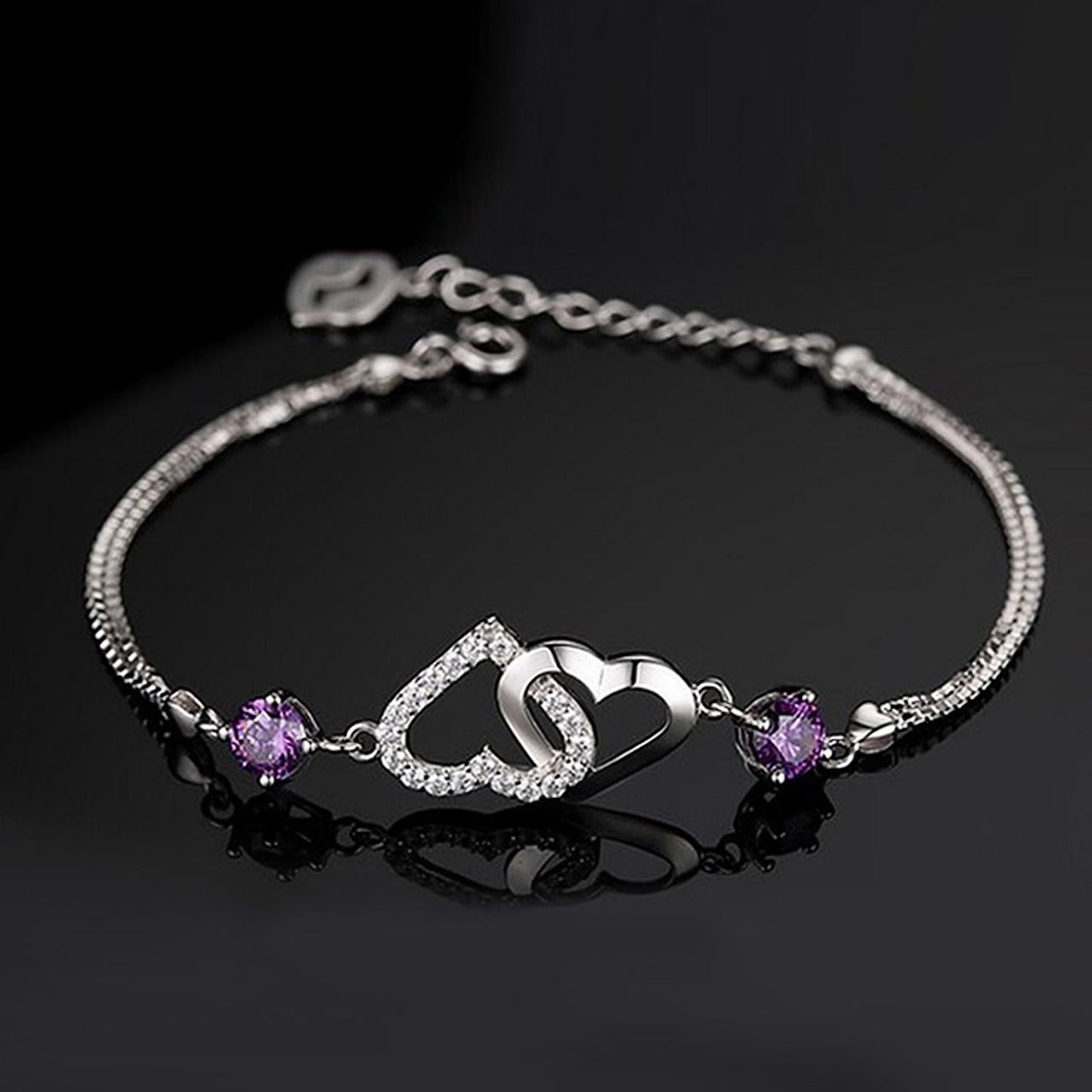 Sterling Silver Double Heart Charm Bracelet, White and Purple Cubic Zirconia Adjustable Bracelet for Girls and Women