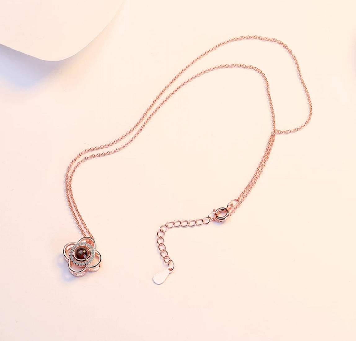 Sparkling Petal Rose Gold Plated Zircon Flower Pendant with Chain for Girls