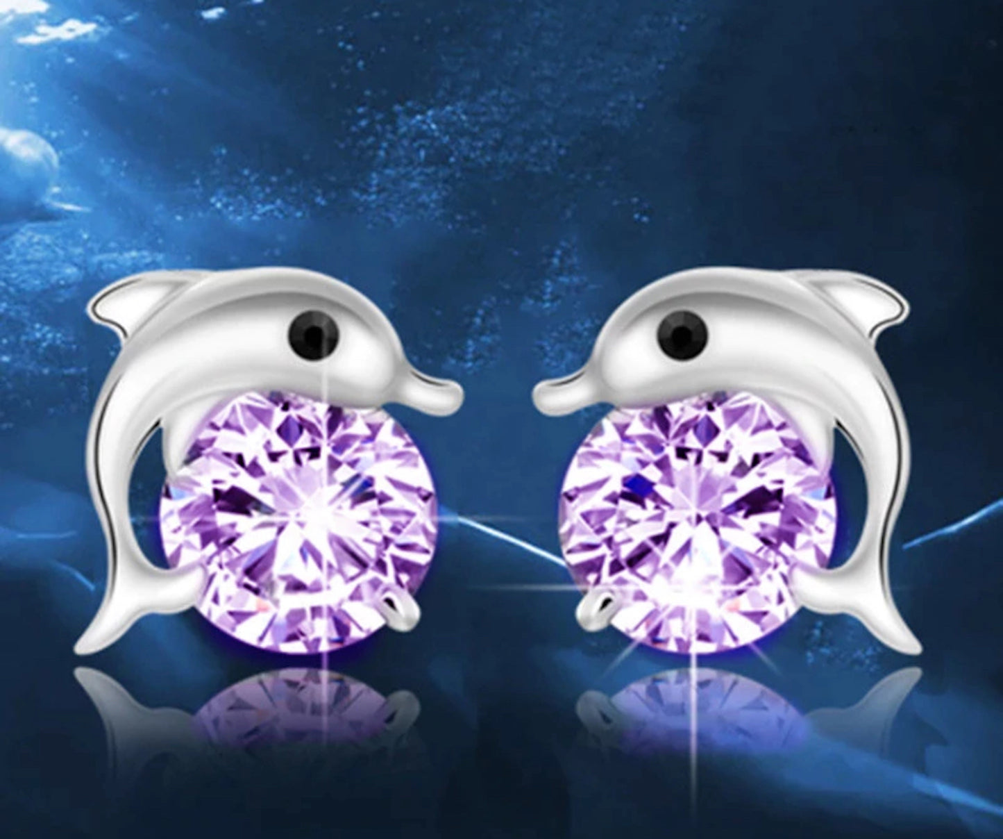 Fashion 925 Sterling Silver Plated Purple Cubic Zirconia Crystal Dolphin Shape Stud Earrings for Women & Girls