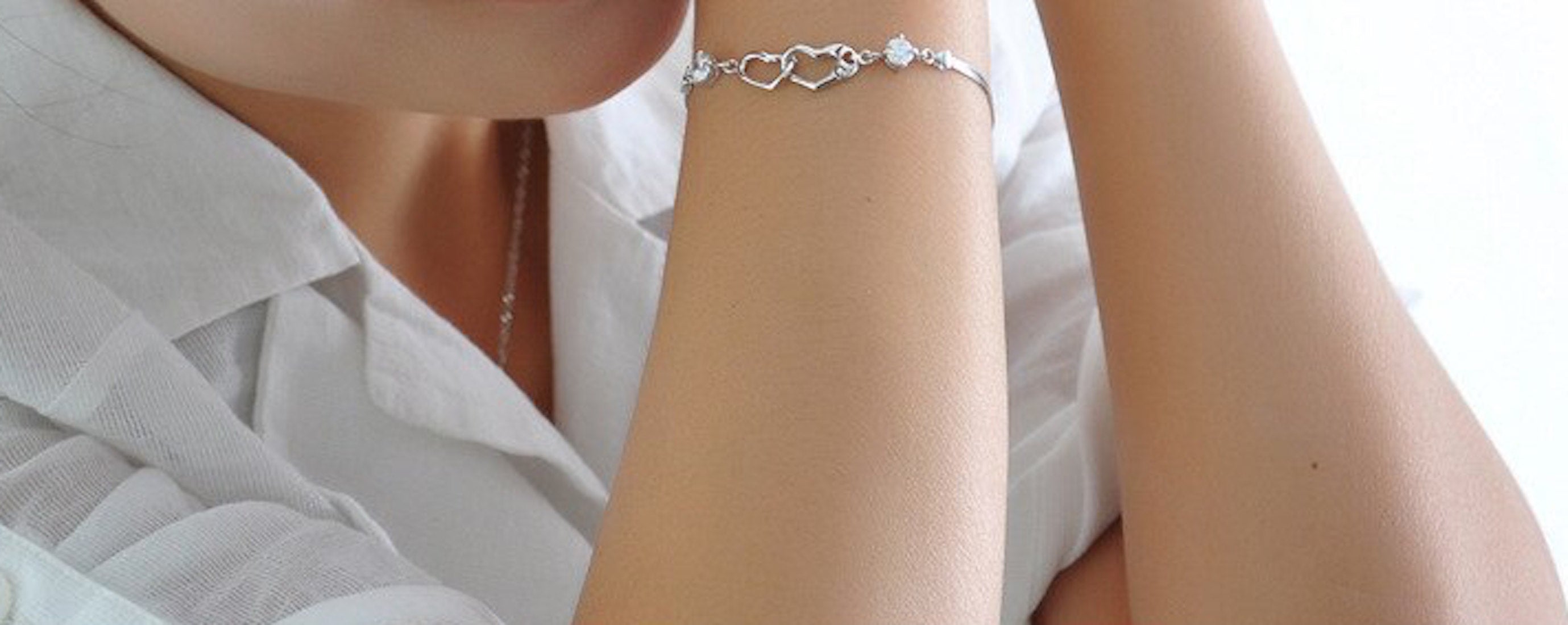 Sterling Silver Double Heart Shape Cubic Zirconia Charm Bracelet, Love Bracelet for Women and Girls
