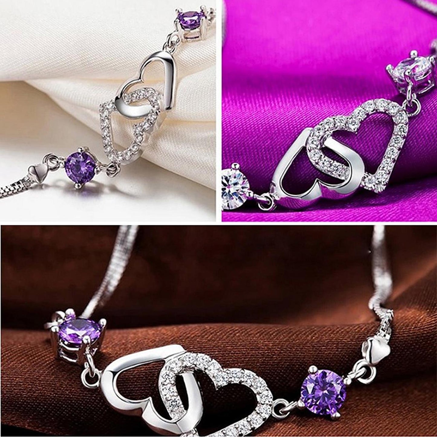 Sterling Silver Double Heart Charm Bracelet, White and Purple Cubic Zirconia Adjustable Bracelet for Girls and Women