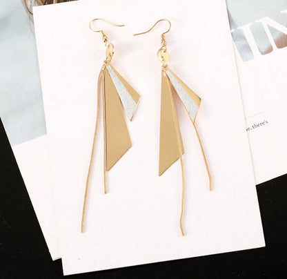 Gold Plated Geometric Triangle Long Tassel Drop Earrings for Women and Girls, Copper Triangular Drop Golden Danglers with Metal Chain