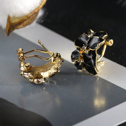 Elegant Black Garden Flowers Rhinestone Stud Earrings for Women and Girls