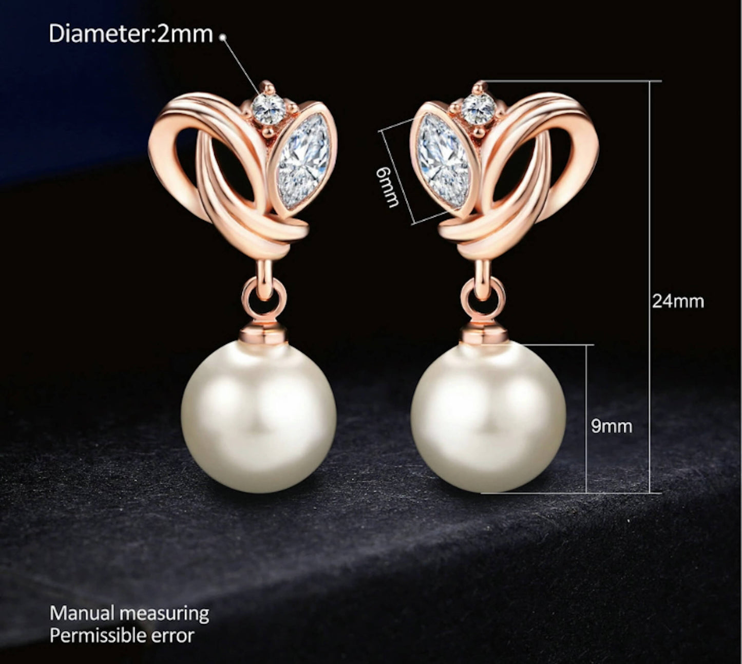 Simulated Pearl Drop Earrings for Women, Cubic Zirconia Pearl Beads Earring, Rose Gold and Silver