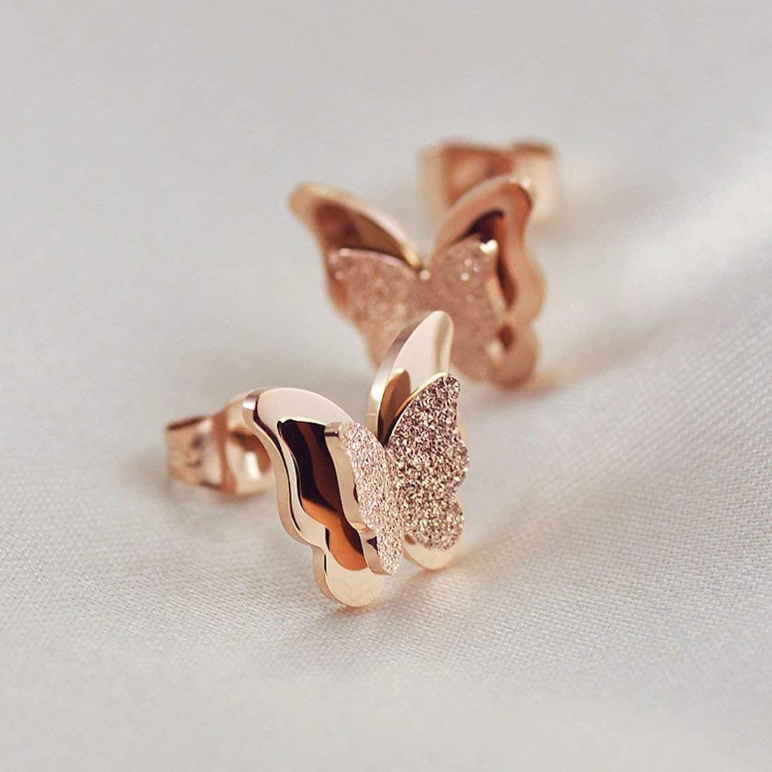 Premium Quality Dual Butterfly Rose Gold Plated Stud Earrings for Girls, Women and Kids