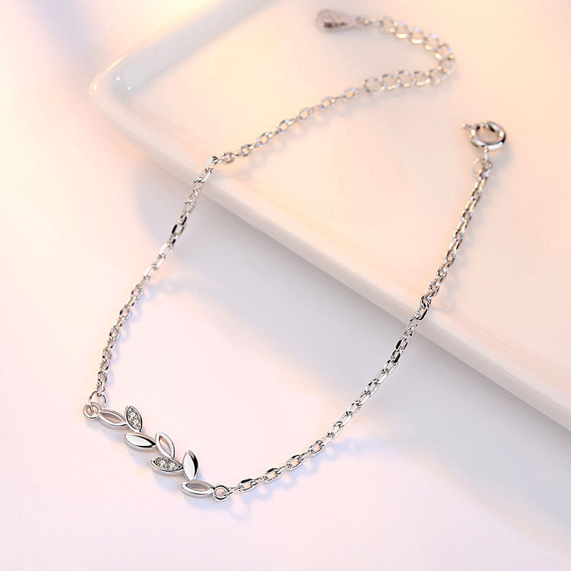 925 Sterling Silver Plated Adjustable Leaf Charm Crystal Bracelet for Women & Girls