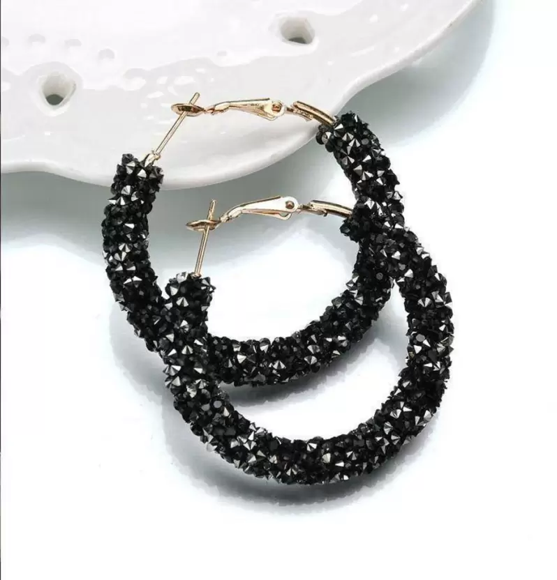 Trendy Black Rhinestone Crystal Chandbali Earrings for Women and Girls Metal Chandbali Earring